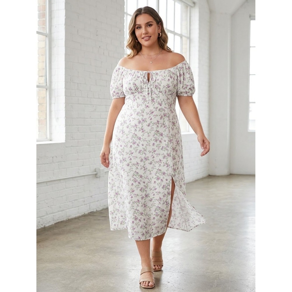 Cider Floral Off Shoulder Midi Dress White Purple Cottagecore Plus Size 2XL